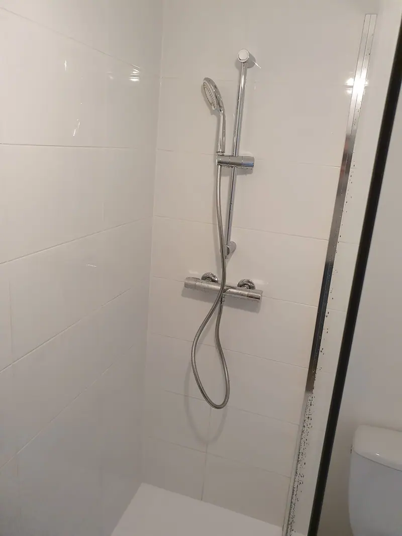 Douche équipée d’une colonne thermostatique avec paroi vitrée à profilé noir